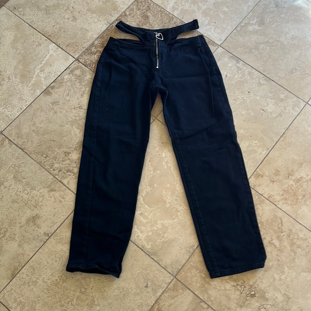 Shein, black denim, size 27, with silver heart zipper, double waste detail.